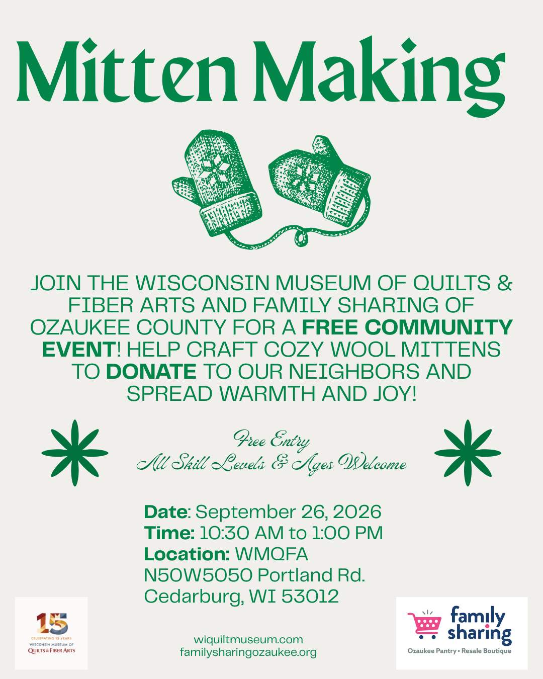 WMQFA & Ozaukee Family Sharing Wool Mitten Creation & Donation Event